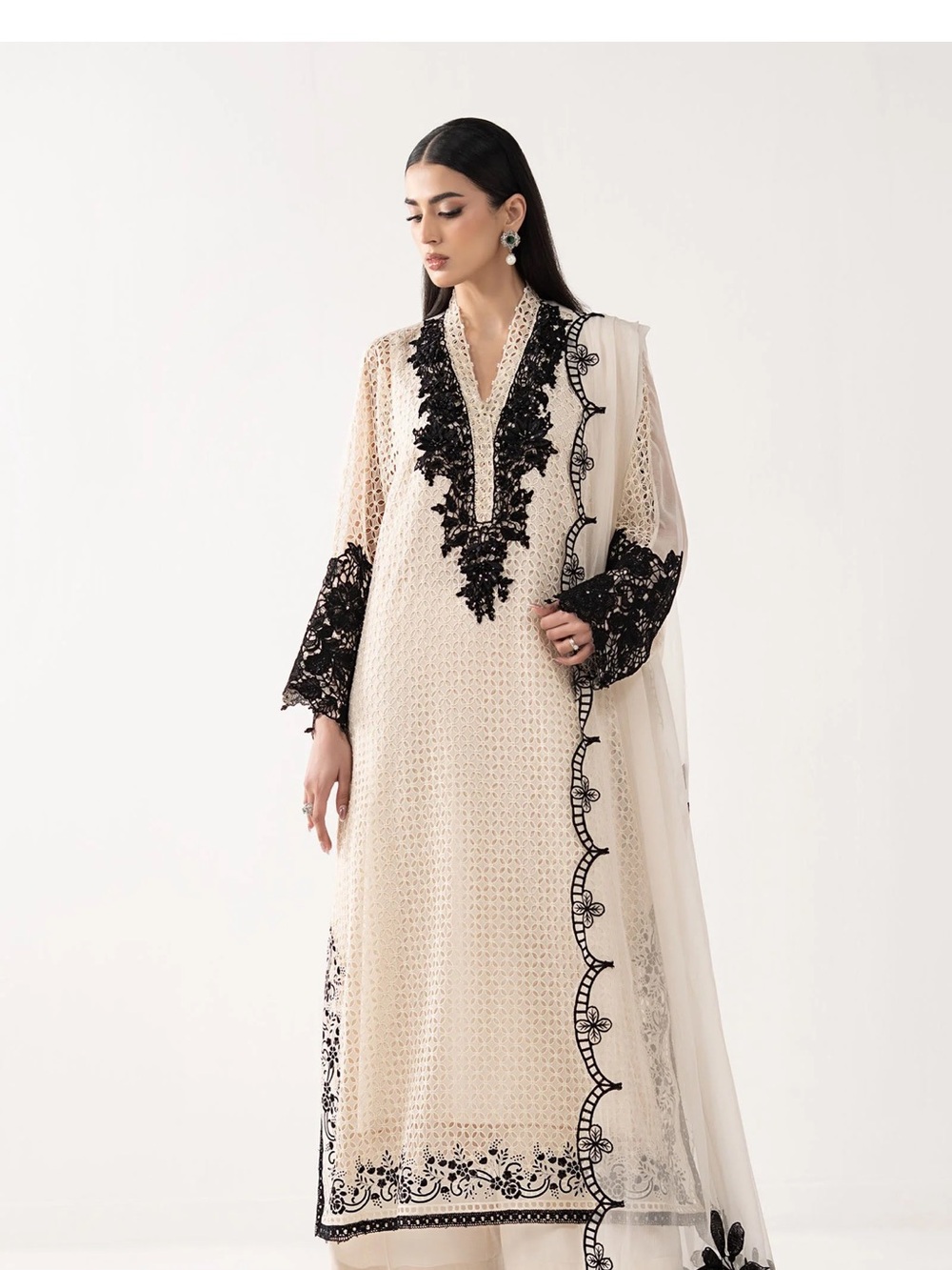Cream Long Sleeve Embroidered Dress with Black Lace Detail